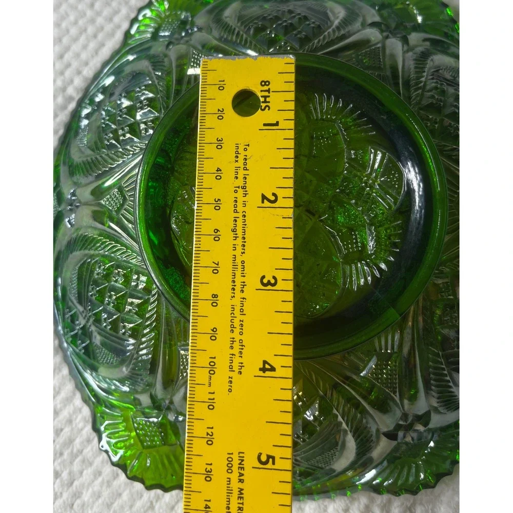 Millersburg Radium‎ Green Whirling Leaves Carnival Glass Ruffle Bowl 9